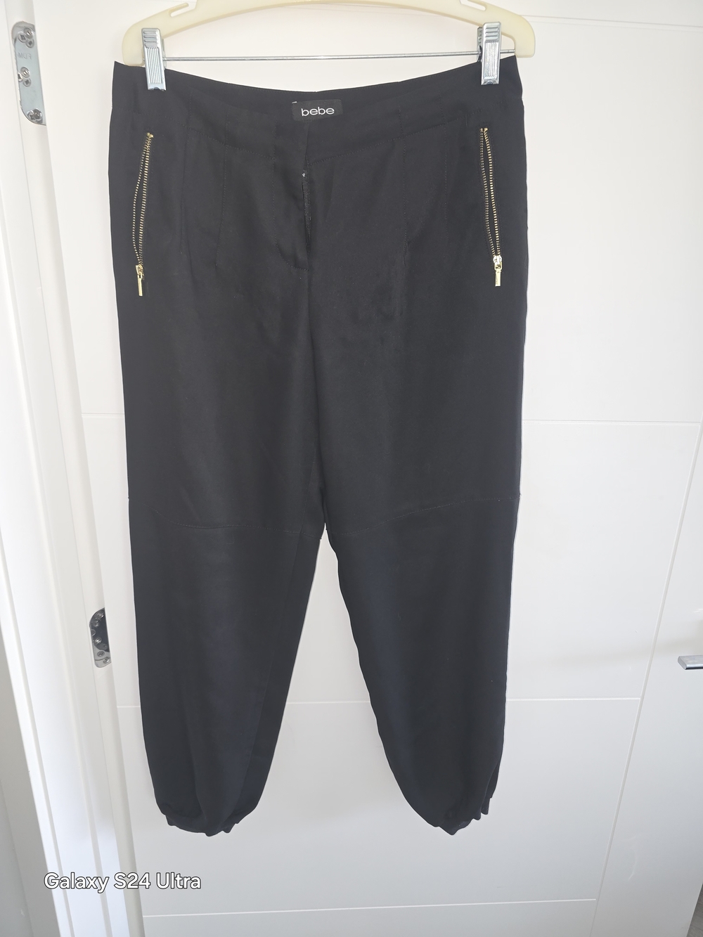bebe Black Jogger Pants with Gold Zip Accents